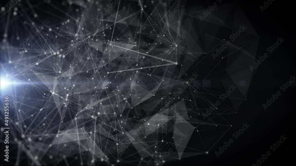 Aufkleber Abstract Black White Digital Data Communication Plexus Polygonal Structure. Dots Lines Connection Wireframe Spinning Loop 4K Copy Space Motion Background.
