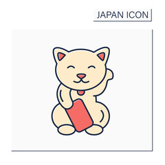 Maneki neko color icon. Beckoning cat. Lucky cat. Mechanical paw which slowly moves back and forth. Japanese culture concept. Isolated vector illustration