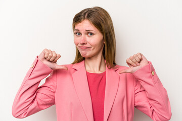 Young russian woman isolated on white background feels proud and self confident, example to follow.