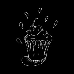 The scribble of a cake. Doodle a pie. A hand-drawn cake on a black background. It can be used for backgrounds, for patterns, for menus.