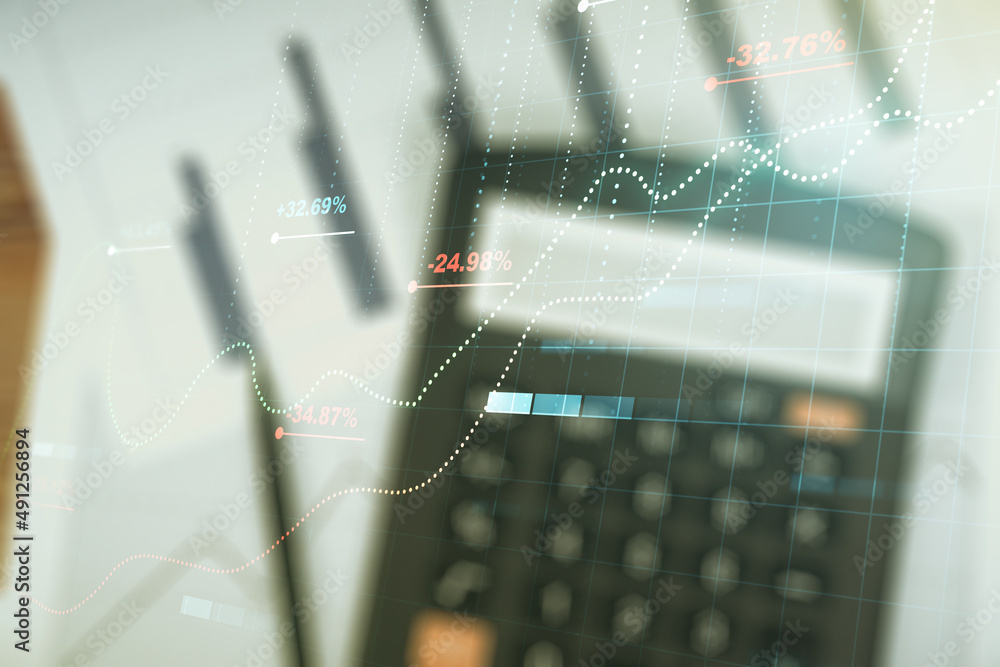Poster multi exposure of stats data illustration on calculator background, computing and analytics concept