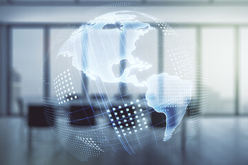 Digital map of North America hologram on a modern coworking room background, global technology...