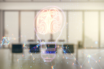 Double exposure of abstract virtual creative light bulb hologram with human brain on a modern meeting room background, idea and brainstorming concept