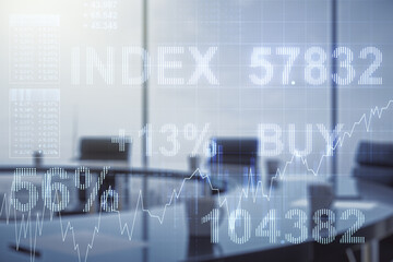 Multi exposure of abstract virtual financial graph hologram on a modern conference room background, forex and investment concept