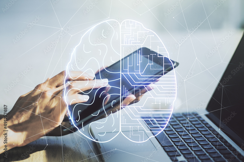 Poster double exposure of creative artificial intelligence symbol with finger clicks on a digital tablet on