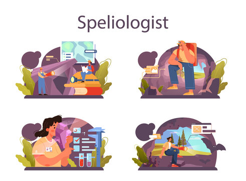 Speleologist concept set. Scientst exploring deep cave with special