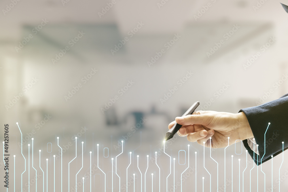 Aufkleber Double exposure of male hand with pen draws abstract virtual circuit hologram on blurred office background. Research and development hardware concept