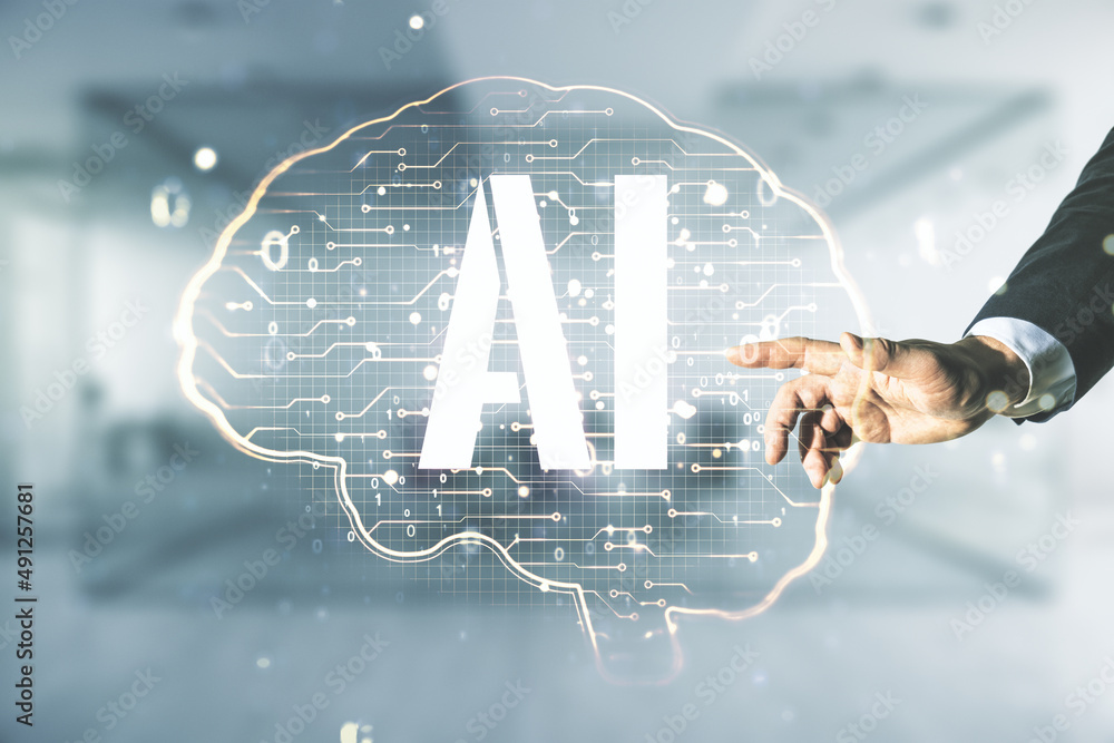 Aufkleber Man hand working with virtual creative artificial Intelligence hologram with human brain sketch on blurred office background. Multiexposure