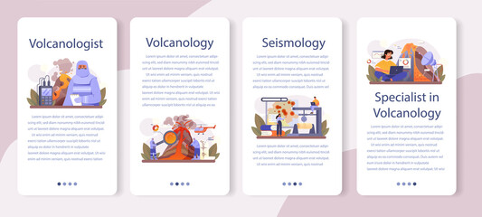 Fototapeta na wymiar Volcanologist mobile application banner set. Geologist studying the processes