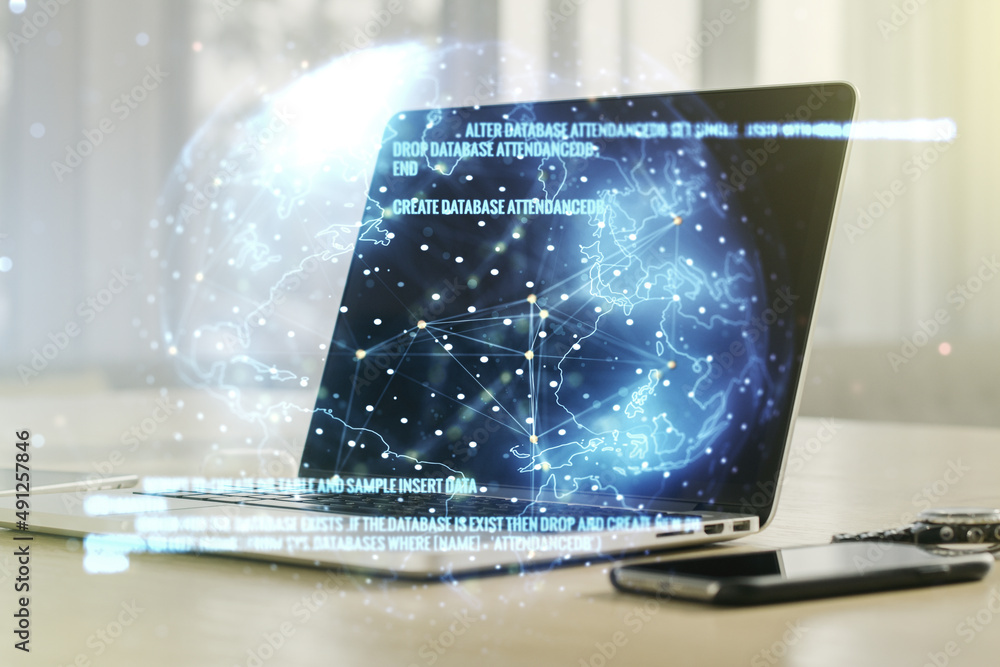 Aufkleber double exposure of abstract creative programming illustration with world map on computer background,