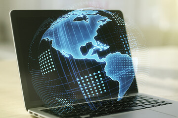 Digital America map on modern computer background, global technology concept. Multiexposure