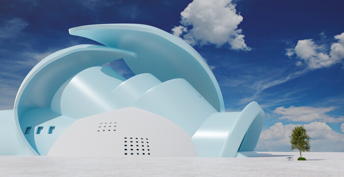 3d illustration of futuristic building on sunny day