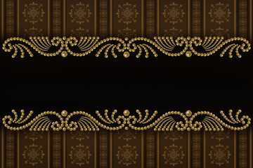 brown background with patterned border of golden pearl beads and copy space