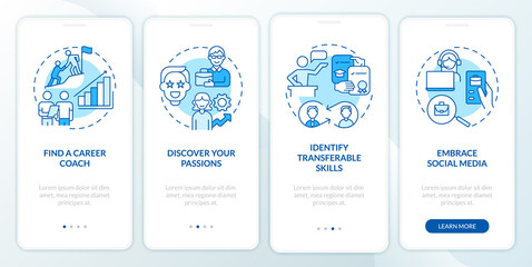 What to do if you made bad job choice blue onboarding mobile app screen. Walkthrough 4 steps graphic instructions pages with linear concepts. UI, UX, GUI template. Myriad Pro-Bold, Regular fonts used