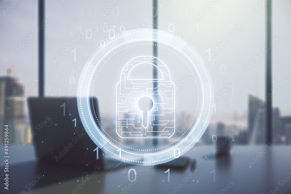 Poster creative lock sketch with chip hologram and modern desk with computer on background, protection of p