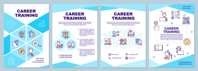 Fototapeta na wymiar Career training turquoise brochure template. Affordable education. Leaflet design with linear icons. 4 vector layouts for presentation, annual reports. Arial-Black, Myriad Pro-Regular fonts used