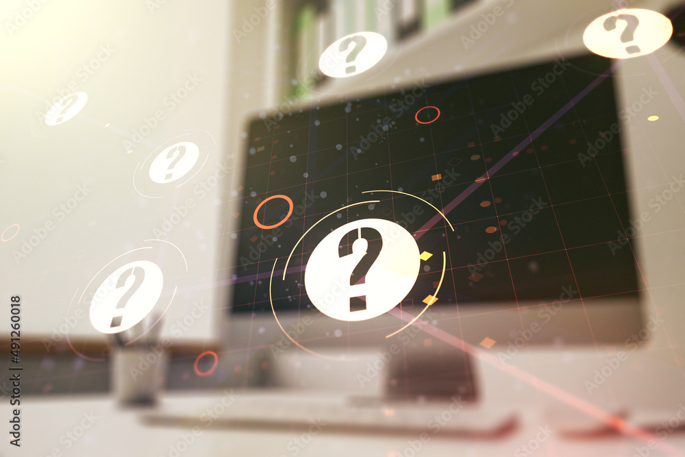 Aufkleber Creative abstract question mark sketch and modern desk with computer on background, FAQ and research concept. Double exposure