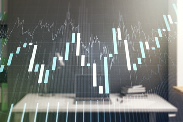 Multi exposure of abstract financial graph and modern desktop with pc on background, financial and trading concept