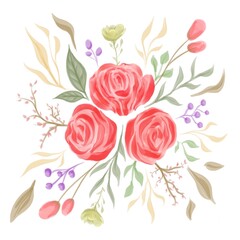 Seamless watercolor floral pattern - pink red roses bouquet and branches composition on white background for wrappers, wallpapers, postcards, greeting cards, wedding invitations, romantic events.