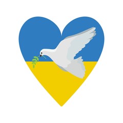 Ukraine colorful flag in heart shape with dove of peace isolated on white background. Vector