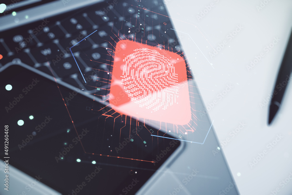 Poster multi exposure of abstract fingerprint scan interface on computer background, digital access concept