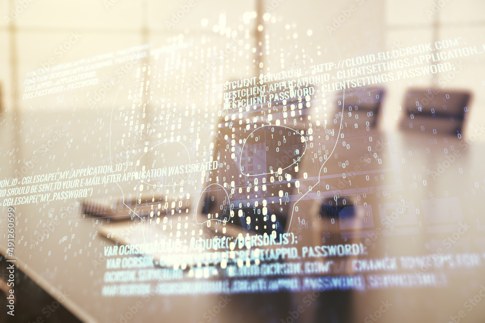 Poster double exposure of creative code skull hologram on laptop background. malware and cyber crime concep