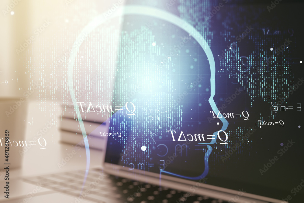 Poster creative artificial intelligence concept with human head sketch on modern computer background. doubl