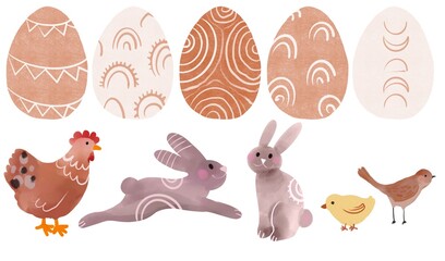 spring easter boho illustration elements set happy springtime isolate set on white background. cute drawing icons