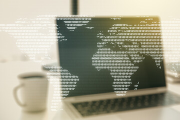 Multi exposure of abstract graphic world map on computer background, connection and communication concept