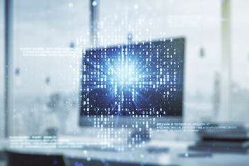 Double exposure of creative code skull hologram on laptop background. Malware and cyber crime concept