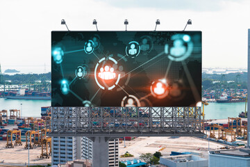 World planet Earth map hologram and social media icons on billboard over panorama city view of Singapore, Southeast Asia. The concept of people networking and connections.