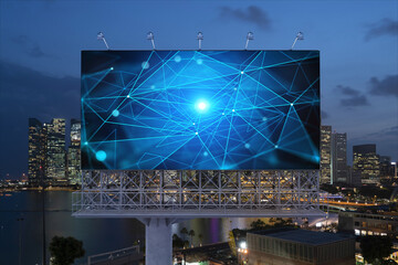 Information flow hologram on road billboard, night panorama city view of Singapore. The largest technological center in Southeast Asia. The concept of programming science.