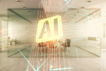 Double exposure of creative artificial Intelligence abbreviation hologram on a modern furnished...
