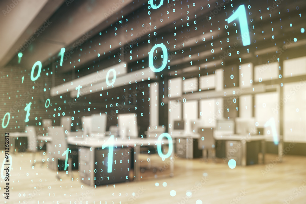 Poster abstract virtual binary code sketch on a modern furnished office interior background, hacking and ma