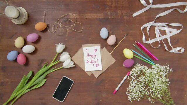 Top view of a table with items to create a composition for Easter. Happy Easter. Church holiday-Easter