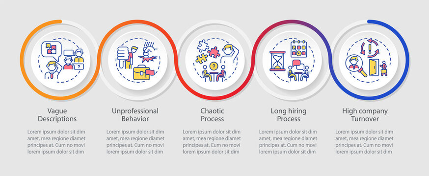 Red lights in employment interview loop infographic template. HR process. Data visualization with 5 steps. Process timeline info chart. Workflow layout with line icons. Myriad Pro-Regular font used