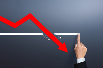 Red arrow pointing down. Investment, stock decline, depressed economies.