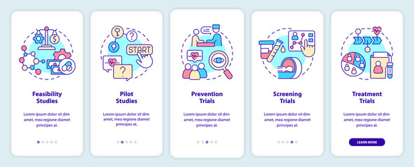 Types of clinical studies onboarding mobile app screen. Research walkthrough 5 steps graphic instructions pages with linear concepts. UI, UX, GUI template. Myriad Pro-Bold, Regular fonts used
