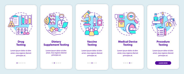 Things to be tested onboarding mobile app screen. Investigating walkthrough 5 steps graphic instructions pages with linear concepts. UI, UX, GUI template. Myriad Pro-Bold, Regular fonts used