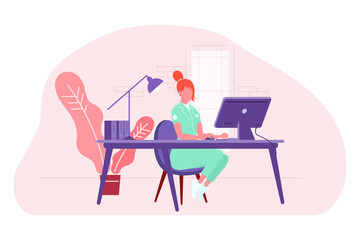 Nurse or Doctor at desk in front of computer doing online consultation. Vector illustration.