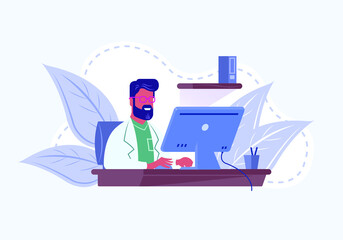 Doctor sitting at desk doing online consultation. Vector illustration.