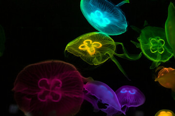 Naklejka premium Low key jellyfish in sea saltwater aquarium ocean life, color photography with space for text 