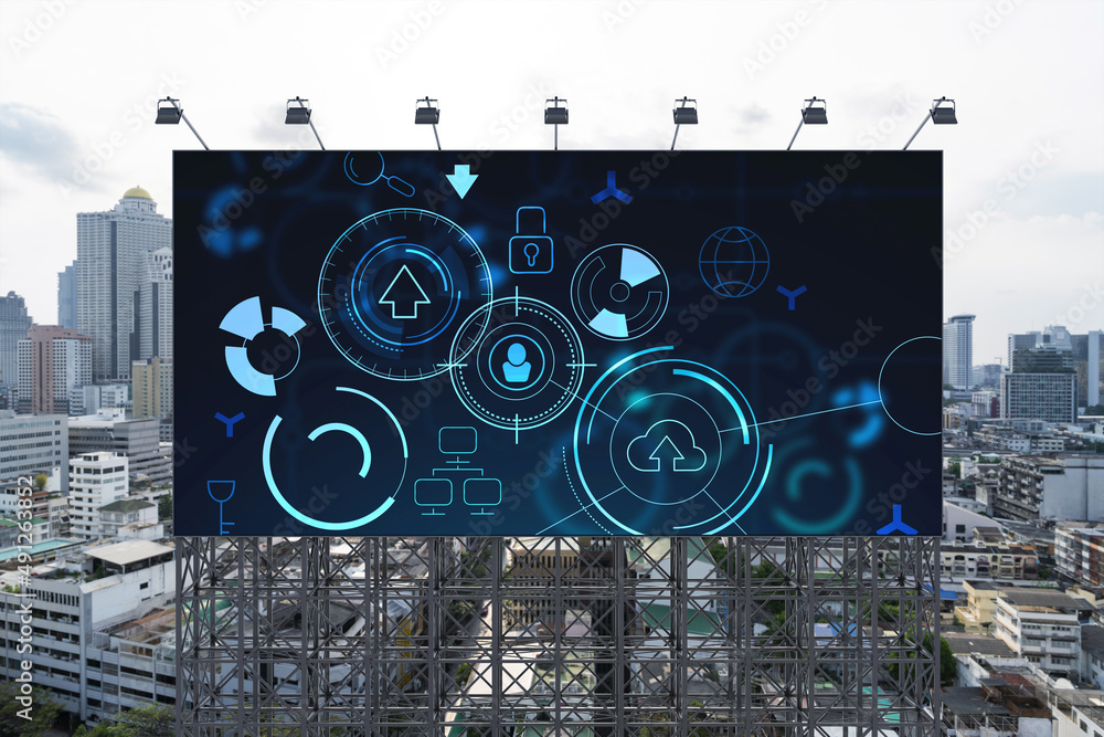 Poster technology hologram on billboard over panorama city view of bangkok. the largest tech hub in southea