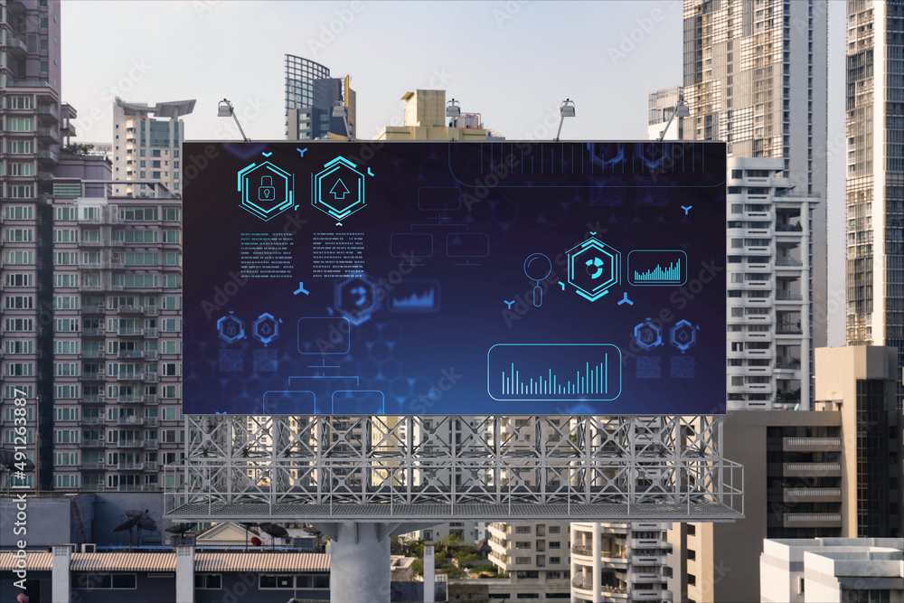 Poster technology hologram on billboard over panorama city view of bangkok. the largest tech hub in southea