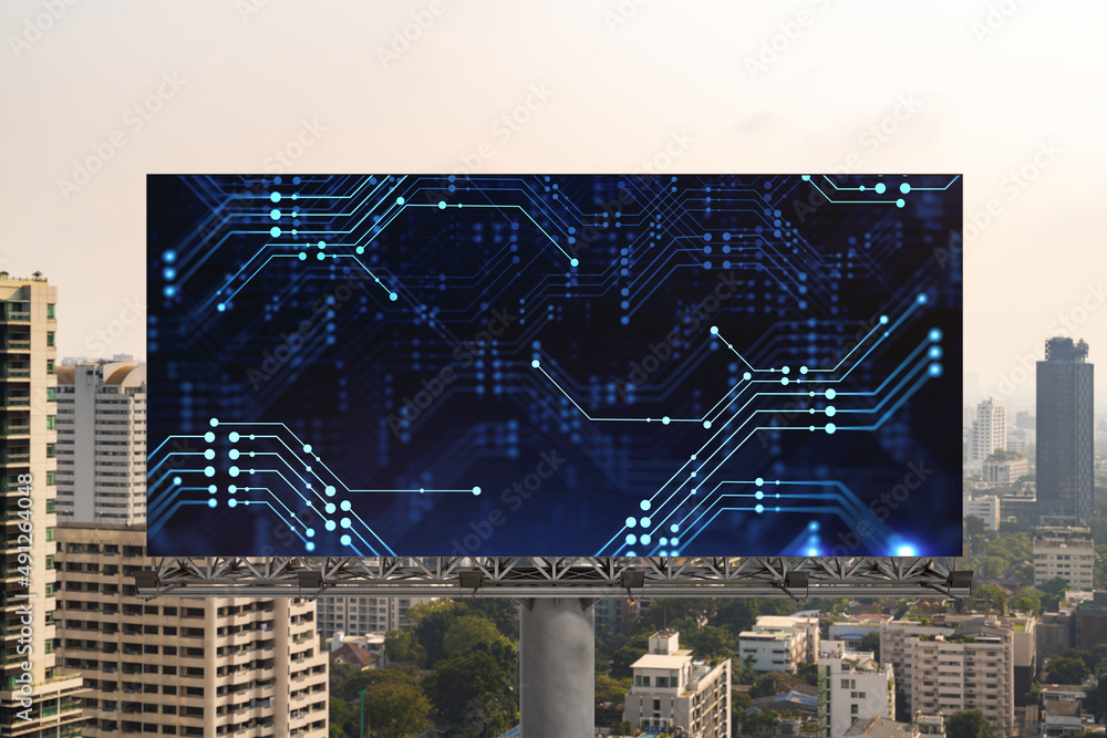 Poster technology hologram on billboard over panorama city view of bangkok. the largest tech hub in southea