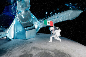 Hovering woman astronaut carries the flag of Mexico proudly on the moon next to spacecraft...