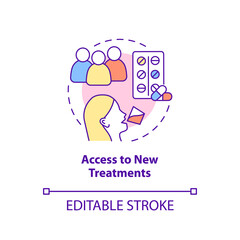 Access to new treatments concept icon. Clinical trials advantage for participant abstract idea thin line illustration. Isolated outline drawing. Editable stroke. Arial, Myriad Pro-Bold fonts used