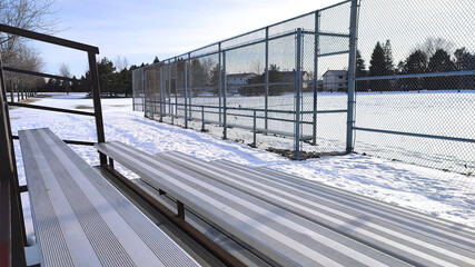 Side view of sturdy steel galvanized bleachers in winter