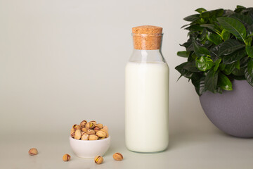 Embracing contemporary wellness, a bottle of pistachio milk is accompanied by a backdrop of fresh pistachios and lush green foliage, symbolizing a modern health-conscious lifestyle