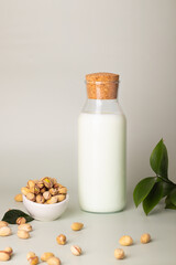 Dairy-free pistachio milk presented in a clear bottle with a bowl of pistachios and green foliage.